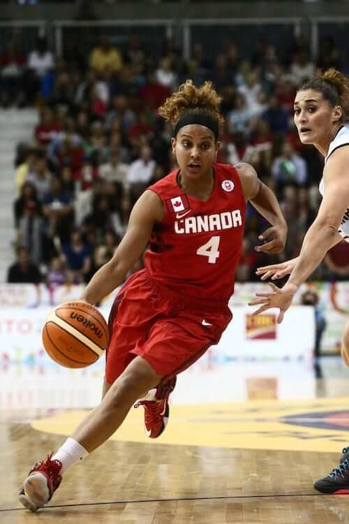 Team Canada's Miah Marie Langois passes Argentina's defence during the second quarter of the match against Argentina, in Women Preliminary Round, at Ryerson Athletic Centre, July 17. John Fernandez/COC