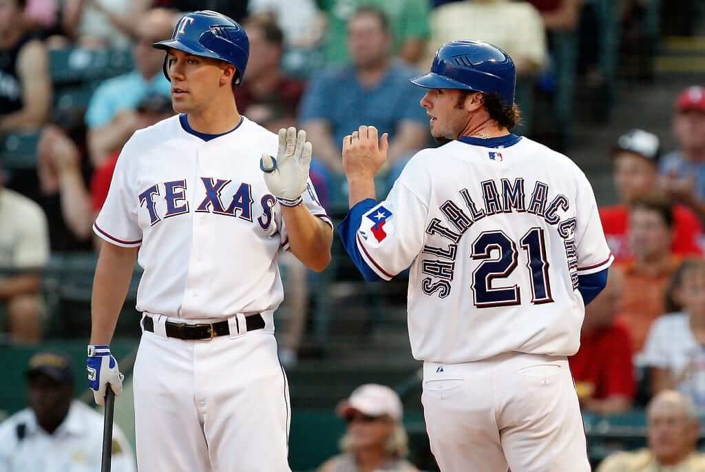 Rear view of name on jersey of Texas Rangers Jarrod Saltalamacchia News  Photo - Getty Images