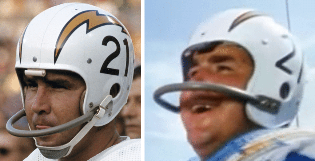 John Hadl, San Diego Chargers' QB. Love the old powder blue uniforms and  throwback helmet.