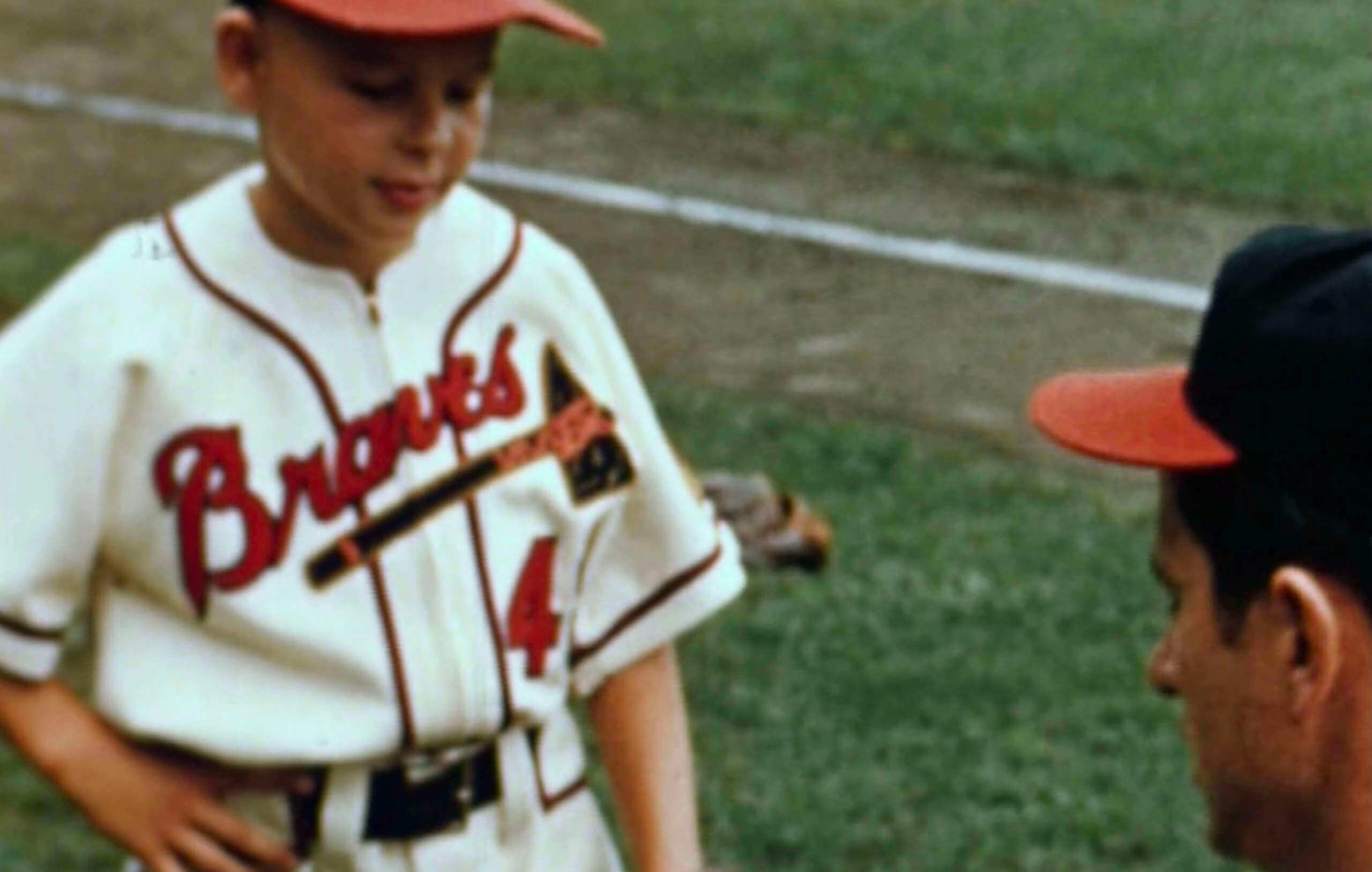 young boy Milwaukee Braves baseball uniform little league 1958 Kodachrome  slide